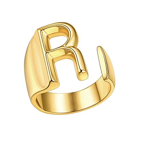 FindChic Initial Ring Gold, Chunky Letter R Statement Cuff Ring for Women Alphabet Stackable Knuckle Ring 18K Gold Plated Resizable Fashion Wedding Band Rings Jewelry Gift