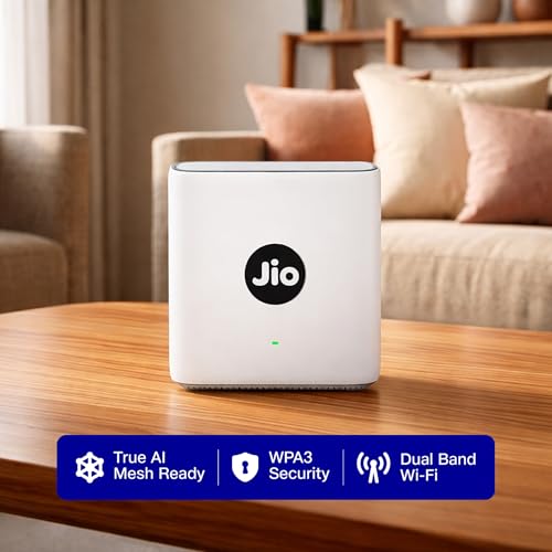 Image of Jio AX3000 WiFi 6 Dual Band Gigabit Mesh Router (2402 Mbps 5GHz + 574 Mbps 2.4GHz) | PPPoE Supported | Covers up to 1500 sq. ft. | 100+ Devices | Low Latency Gaming & 4K Streaming