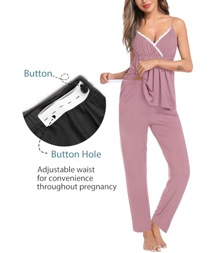 Image of SWOMOG Maternity Nursing Robe Set 3 Piece Breastfeeding Pajamas 3 in 1 Labor Delivery Sleevless Tops&Long Pants Pregnancy Pjs