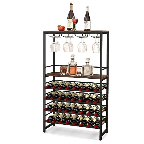 KOMFOTTEU Botellero para 32 Botellas, Estantería Expositor de Vino 6 Niveles con Portavasos de 4 Filas, Soporte para Botellas con Dispositivo Antivuelco, para Cocina, Despensa, 80 x 30 x 140 cm