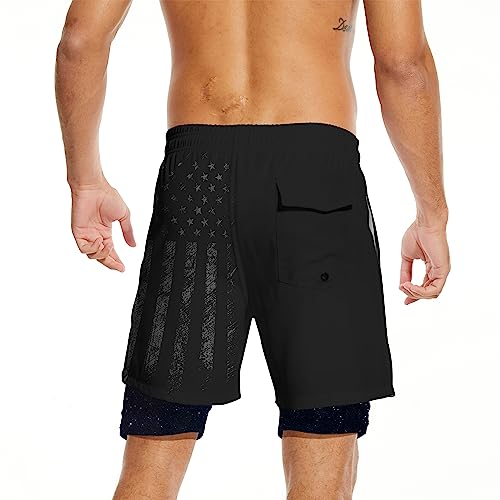 Mens Swim Trunks with Compression Liner Black American Flag Swim Trunks Men Board Shorts Men's Swimsuit 5 Inch Inseam3