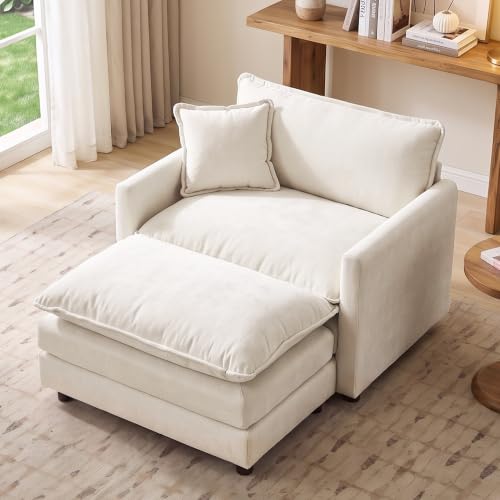 Chenille Modular Single Sofa with Ottoman, Cloud Couch with Pillow,White