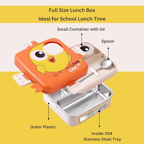 Image of Opullo Mother's Choice Stainless Steel Tiffin Box for School | Steel Lunch Box with Compartments | Stainless Steel Lunch Box for Kids | Big Size Steel Tiffin Boxes for Lunch | 1120 Ml | Orange