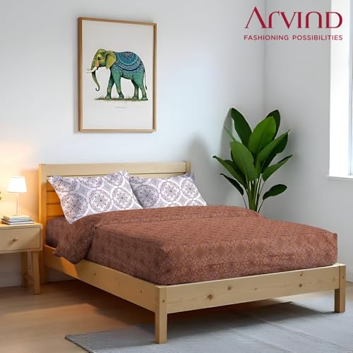 Image of Arvind Bedsheet Set - 100% Cotton Bedsheet for Double Bed (1 King Size Bedsheet with 2 Pillow Covers) Soft Breathable, 144 Thread Count - Slumber -Shade 20(21022-A) | Natural
