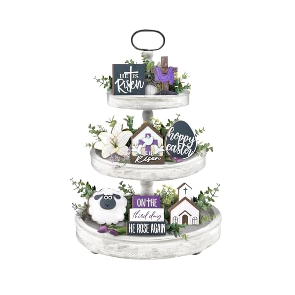 Easter tiered tray decor farmhouse tray decorations happy easter he is risen christian cross eggs lily sheep wooden signs spring religious rustic decor for home church table shelf mantel  urban country home decor