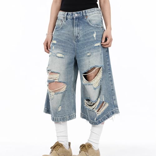 Y2K Fashion High Waisted Straight Leg Jeans Casual Streetwear Ripped Fringe Baggy Washed Denim Pants2