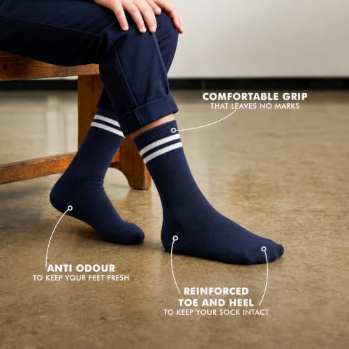 Image of Supersox Regular School Uniform Socks for Kids | Navy Colour-White Stripe | Combed Cotton, Breathable, Moisture Absorbent & Anti Odour | Extra Durable Welt for All-Day Comfort | Pack of 5