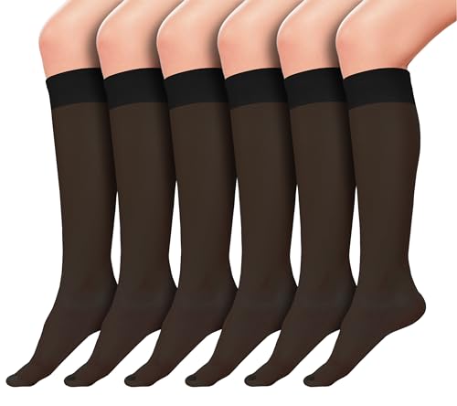 Sheer Knee High Socks, 6 Pairs 20D Premium Silky Soft Nylon Stockings Control Top Reinforced Toe