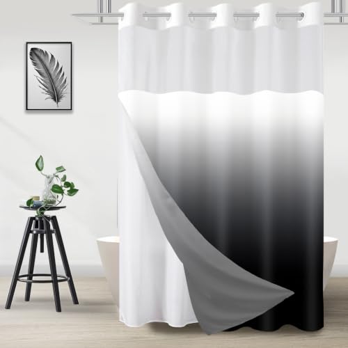 TWLSNCD No Hook Shower Curtain with Snap in Liner Black and White Shower Curtains and Liner Set Ombre Black Hotel Fabric Bath Curtain for Bathroom Mesh Top Window Waterproof Washable 71 x 74