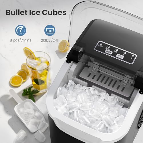 Image of Countertop Portable Ice Maker Machine with Handle, 8 Bullet-Shaped Ice Cubes Ready in 6 Mins, 26Lbs /24H, Self-Cleaning Function with Ice Scoop and Basket for Home /Kitchen /Party (Black)