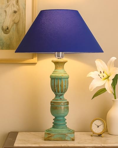 Image of Homesake Handcrafted Wooden Table Lamp for Living Room & Bedroom | Bedside Rustic Algae French Table Lamp with Fabric Shade | Included Bulb | Decorative Wooden Night Lamp for Home Decor, Blue
