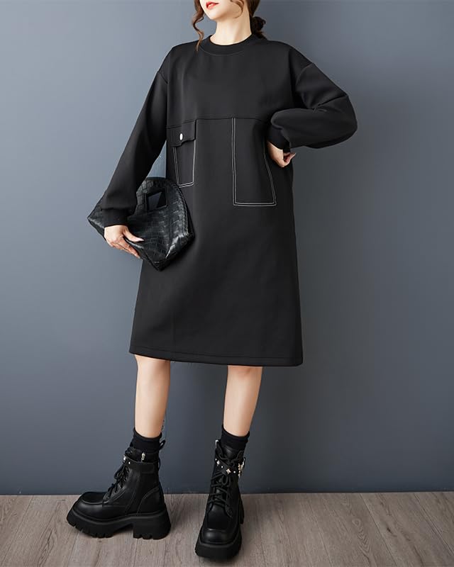 ellazhu Women's T-Shirt Dress Casual Crewneck Black Long Sleeve Oversize Flowy Hem Solid GZ617 A2