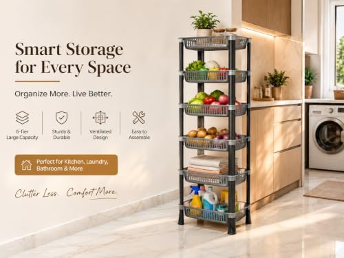 Image of KITCHIVO Multipurpose Storage Organizer Slim Rack Shelf with Wheels for Living Room, Office, Bedroom, Bathroom, Kids Room, Kitchen Trolley (Grey, 6 Layer)