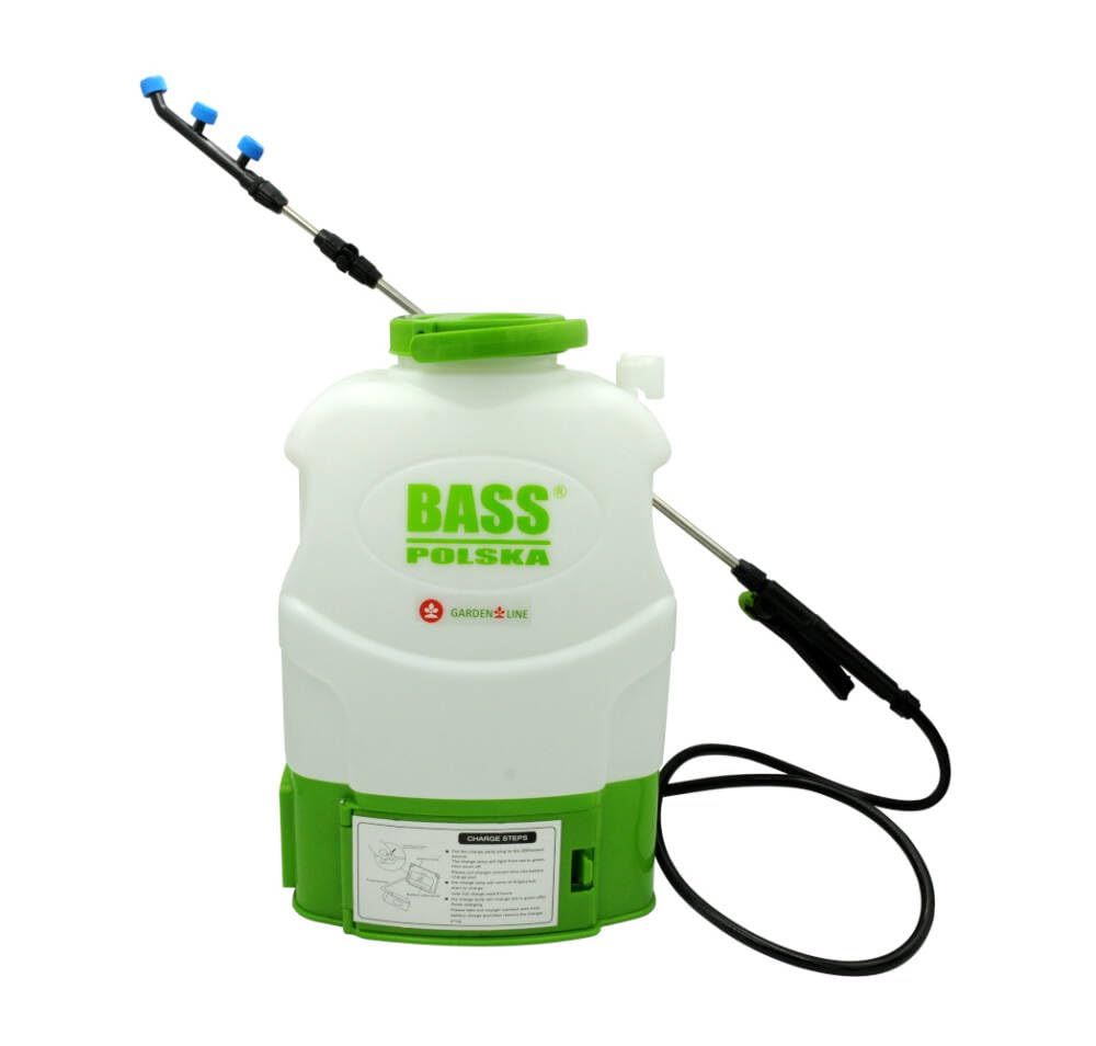 Bass Polska 20L Akku-Rückenspritze, Elektrisch, 12V, 18L Arbeitsvolumen, Teleskoplanze 68-108cm, 3 Düsenaufsätze, Grün Weiß