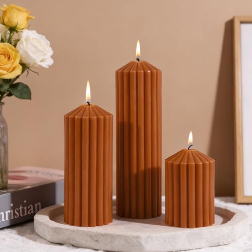 Burnt Orange Ribbed Pillar Candles Set of 3-Spiced...