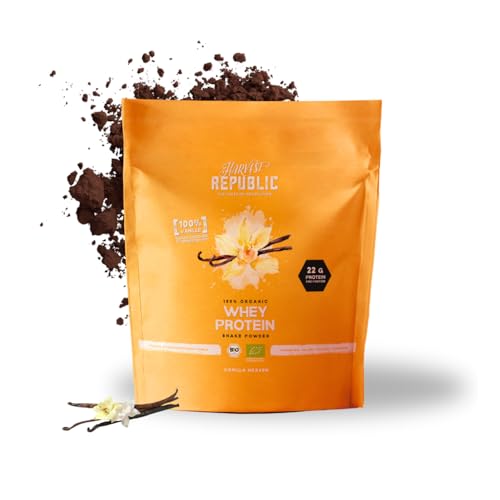 HARVEST REPUBLIC Bio Whey Protein Pulver Vanille 750g | Eiweiß Protein Pulver aus Molke | Molkenproteine für Muskelaufbau | bis zu 22 g Protein pro Portion | Bio Proteinpulver ohne Zusatzstoffe