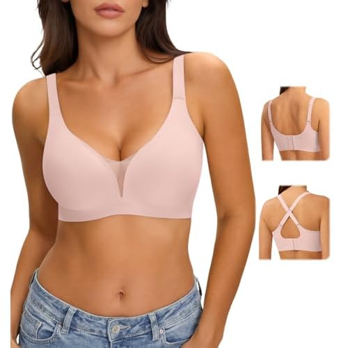 LUCKMEEY 2026 Jelly Supportive Bras for Women No Underwire, Sexy Deep V Push Up Bralette, Wireless Seamless Bra (U/Cross) Pink Small