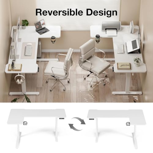 Image of Acrolix L Shaped Electric Standing Desk - 43x31.5 Inch Reversible Corner Sit Stand Desk with Hook&Cup Holder,Electric Height Adjustable Table,for Small Home Office&Bedroom Computer Desk, White