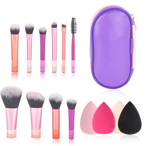 PLUSHCEWT Juego de 10 Brochas de Maquillaje con 4 Esponjas y Bolsa Cosmética Pinceles Sintéticos Premium para Base Polvos Rubor Sombra de Ojos Corrector Contorno e Iluminador Viajes y Uso Diario (A)