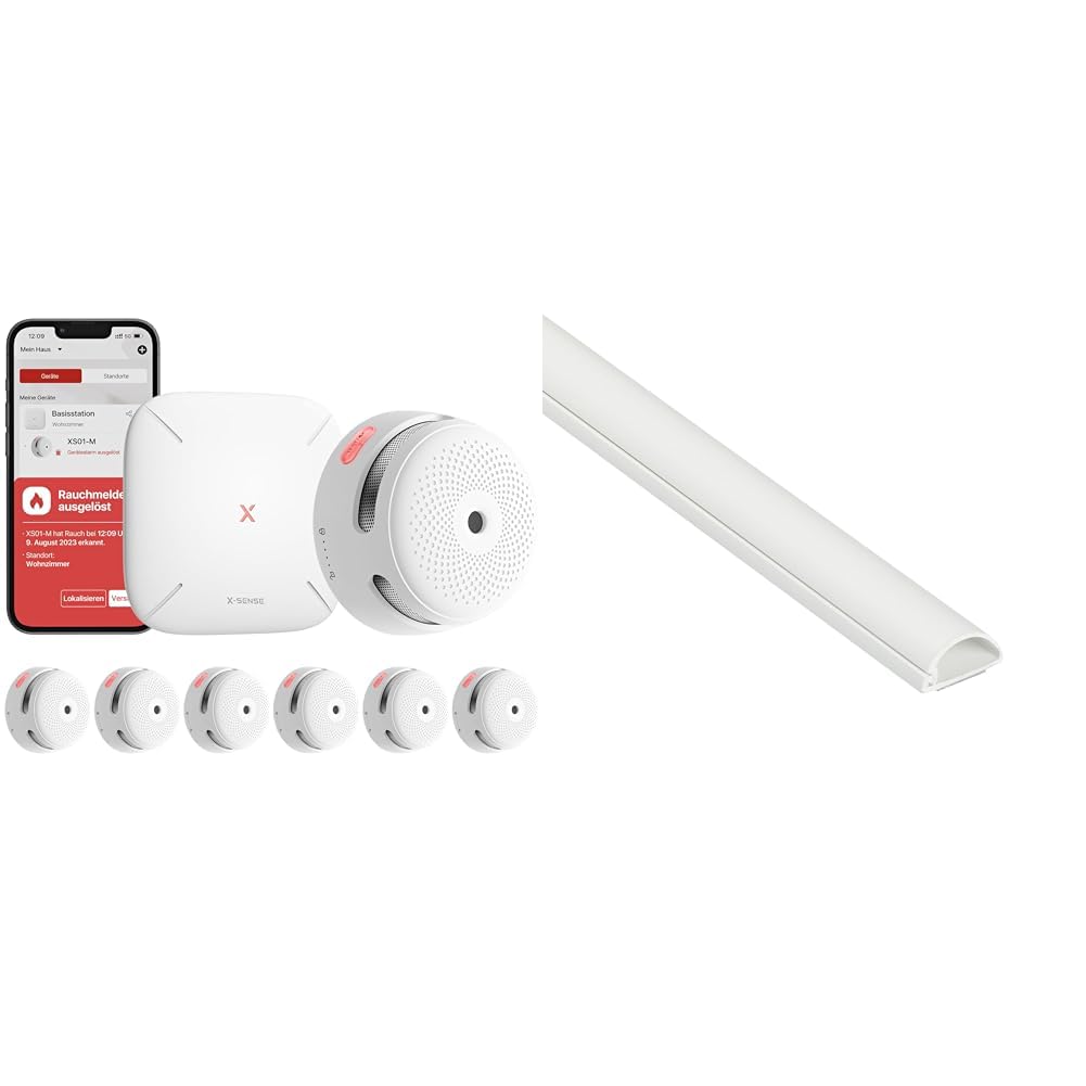 X-Sense XS01-M ProConnected Rauchmelder mit SBS50 Basisstation & D-Line 1M2010W Micro+ Kabelkanal Selbstklebender, Halbrunde Kabelführungen, Kabelleiste - 1x 20mm (B) x 10mm (H) x 1-Meter Länge - Weiß