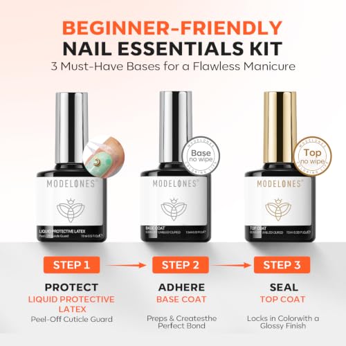Image of modelones Gel Base Top Coat Set with Liquid Protective Latex for Nails | Suitable for beginners Peel Off Barrier & High Shine Clear Gel Nail Polish Long Lasting Soak Off U V Cure Manicure Kit