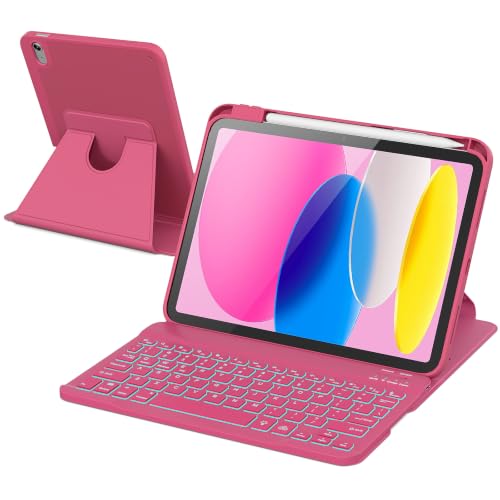 Image of RAYMCRAFT for iPad 11th(A16, 2025) /10th Generation Case with Keyboard, 360 Rotatable Case & Detachable Backlit Keyboard, Precision Cutouts and Pen Holder for iPad A16 11'' /10th 10.9'', Hot Pink