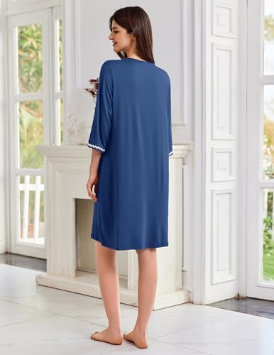 Image of Ekouaer Zipper Robes for Women 3 /4 Sleeves Lightweight House Coat Zip Up Bathrobe Soft Nightgown with Pockets S-3XL