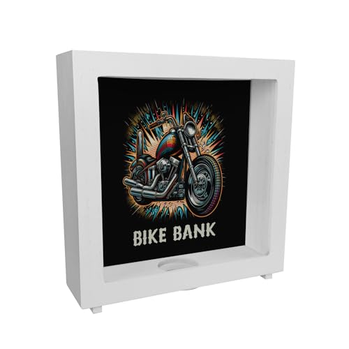 Chopper-Motorrad Rahmen Spardose aus Holz mit Spruch Bike Bank Glänzender Metallglanz Chrom-Auspuff Custom-Bike Highlight Sparen im Zweirad-Stil