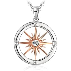 Collar Rosa De Los Vientos JewelryPalace Collar Plata Mujer de Brújula Solar en Cadena 45cm, Collar con Colgante Redondo de Sol Oro Rosa con Circonita, Collar Niña Plata de Ley 925 con Piedra, Collar Regalo Joyas de Mujer