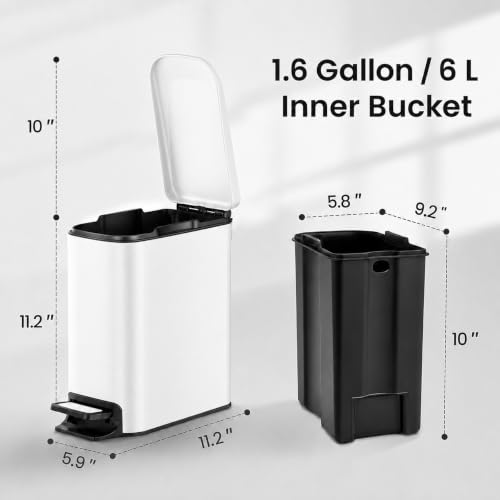 Image of TIPGO Small Bathroom Trash Can with Lid, 1.6 Gal, Soft Close, White | Stainless Steel, 5.9'' Slim for Narrow Space, Foot Pedal, Soft Quiet Lid, Anti-fingerprint, Removable Inner Bucket, Odor Seal