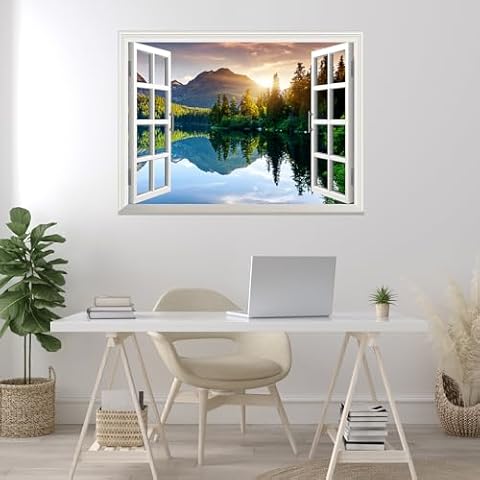 wall26 A Peaking View Through The Forest of The Morning Sunrise - Wall Mural, Removable Sticker, Home Decor - (36"x48", Lake and Mountains) Cover