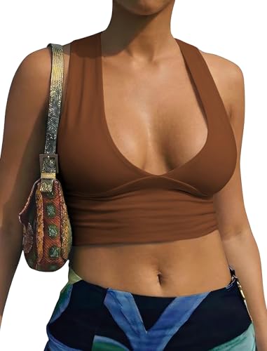 AEPEBO Sexy Crop Tops for Women Deep V Neck Back Cutout Sleeveless Plunge Racerback Tank Cropped Top Brown M