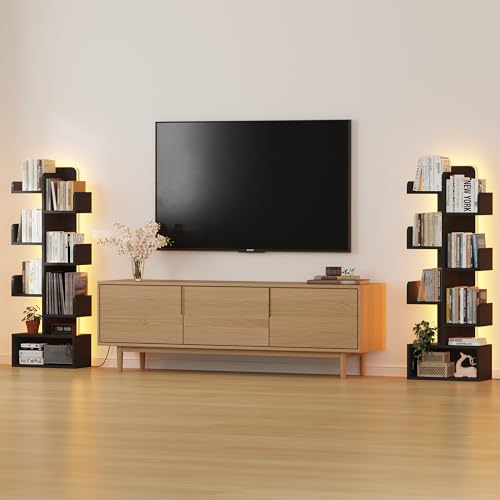 Image of Qupui 6-Tier LED Bookshelf, 47 inch Tall Cactus Corner Bookcase, Black | RGB 22 Modes 6 Brightness Levels. Cactus-inspired Tree Design. Engineered Wood. 6 Shelves Hold 5-10 Books Each. For Bedroom