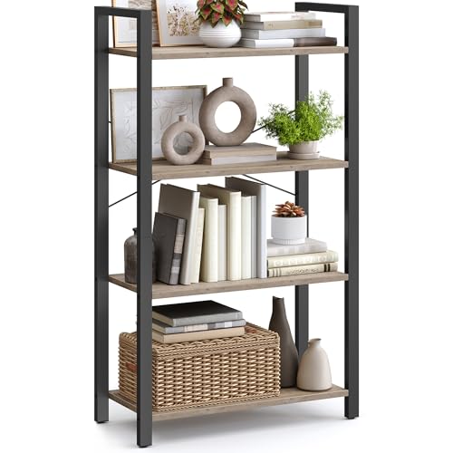 Image of VASAGLE 4-Tier Bookshelf, Bookcase with Steel Frame, Book Shelf for Living Room, Home Office, Study, 11.8 x 26 x 47 Inches, Industrial Style, Heather Greige and Ink Black ULLS060B02