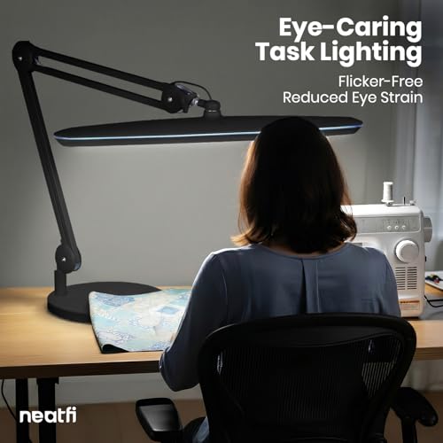 Image of Neatfi XL 2,200 Lumens 20W LED Task Lamp - 23 inch Ultra-Wide Head | 182 SMD LEDs | 4 Brightness Levels | 3 Light Modes | Eye-Caring, Glare-Free | Adjustable Arm (Black, CCT with Base)