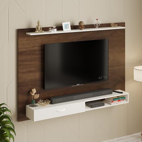 Image of BLUEWUD Lami Engineered Wood TV Entertainment Unit Set Top Box Stand /TV Cabinet Panel with Shelves for Books & Decor Display Unit Bed Living Room Upto 60 Inches - DIY (Brown Maple & White)