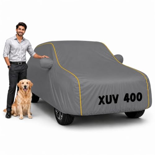 Image of Waterproof Car Cover for XUV 400 | Soft Cotton Lining Heavy Duty Triple Stitched Heat Resistant Outdoor Cover Comes with Mirror and Antenna Pocket Full Bottom Elastic (Zig Zag Grey)