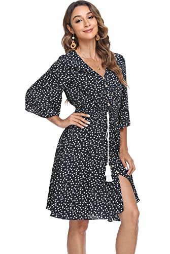 Image of VintageClothing Women's Floral Sundresses Flowy Boho Summer Beach Dress | Lightweight Breathable material,Elegant V Neck and Button Front Design,Flared Bell Sleeve Cut,Mini Casual dress