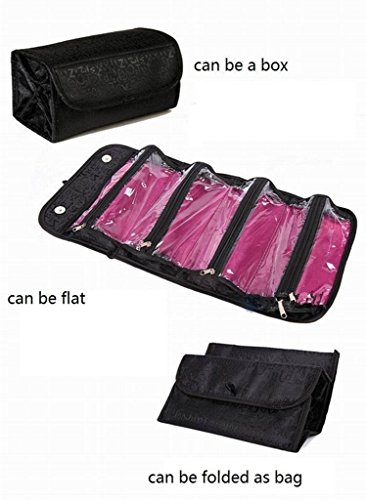 4-Layer Roll up Foldable Travel Organizer Multifunctional Hanging Makeup Cosmetic Bag Large Capacity Toiletry Storage Bag Organizer Bath Shower Clear Case Holder Pouch for Women Girls (Black)