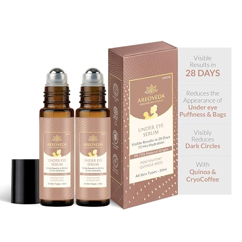 Image of AreoVeda Under Eye Cream with Cooling Massage Roller | Under Eye Roll On with Quinoa for Dark Circles, Puffiness & Fine Lines | Pregnancy-Safe | 10 ml (Pack of 2)
