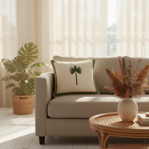 Image of Palm Stories Cushion Cover Set, Plant Pattern | Decorative Pillow Cover & Throws, For Living Room & Bedroom