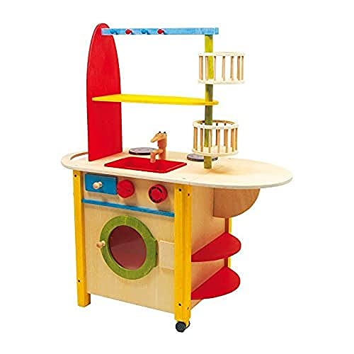 Kinderküche aus Holz mit ausklappbarer Theke, Spielspaß auf beiden Seiten, mit Waschmaschine sowie Herd und Ofen