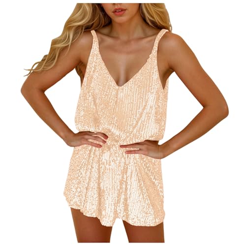 Générique Sexy Trägerkleid mit V-Ausschnitt, für Damen, einfarbig, locker, mit Pailletten, Zeremonie-Kleid für Damen, gelb, X-Large