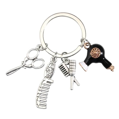 Llavero Peluquería Moderna - Llaveros Peluquero con Cepillo Redondo Cepillo de Pelo Peine Secador Negro y Tijeras de Corte - Accesorio de llaves para amantes de la Pelu - Llavero unisex hombre y mujer