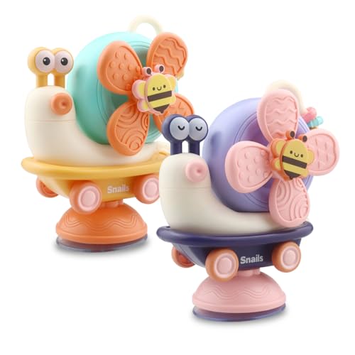 Image of Baby High Chair Suction Toy, Snail Design Spinning Toy with Gears & Beads, Pastel Colors, Detachable Suction Cup for High Chair, Bath, & Table Play (2 Set)