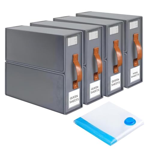 VILLAVER 4 Pack Bed Sheet Organiser with Leather Handle - Wardrobe Storage Boxes with PVC Window and Label - Storage boxes with lids fabric & Zip - Under Bed Storage Organiser with Free VACCUM BAGS