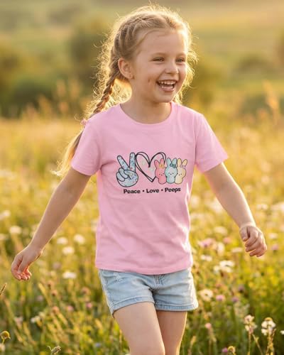 Image of SOFEON Kids Girls Easter Shirt Bunny Peace Love Peeps T-Shirt Cute Funny Rabbit Graphic Tees Short Sleeve Casual Tops