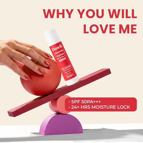 Image of DOSCH Tinted Lip Balm SPF 50 PA+++ - Scarlet | 2% Peptides, 2% Ceramides & 10% Natural Squalane | With Vitamin E | Brightening Lip Balm for Dark, Pigmented & Chapped Lips | 5 g | 24H Moisturization & Hydration | Kojic Acid & Licorice | For Women