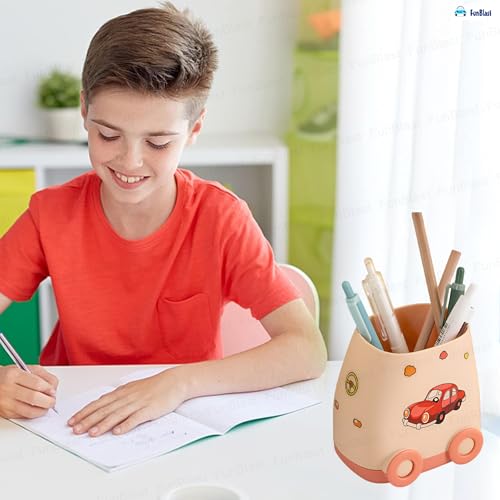 Image of FunBlast Pen Stand for Study Table, Car Stationary Organizer with Kawaii Stickers, Pen Stand for Kids & Girls, Desk Organizer, Birthday Return Gifts for Kids (Peach)