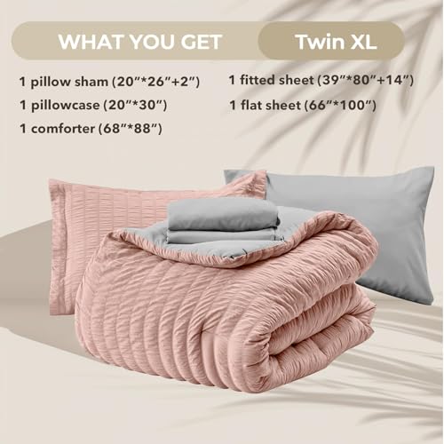Image of HYMOKEGE Rose Gold /Light Grey Twin XL Comforter Set Seersucker 5 Pieces, All Season Luxury Bed in a Bag for Bedroom, Bedding Set with Comforter, Sheets, Pillowcase & Sham
